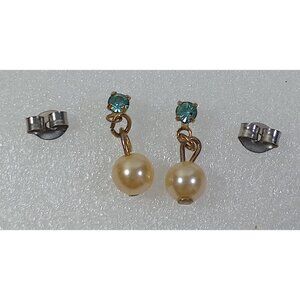 Faux Pearl Blue Gem Earrings Vintage Pair 1990s Stud Dangle Girls Retro